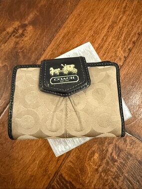 Coach Tan Signature Fold Wallet with Dark Brown Trim